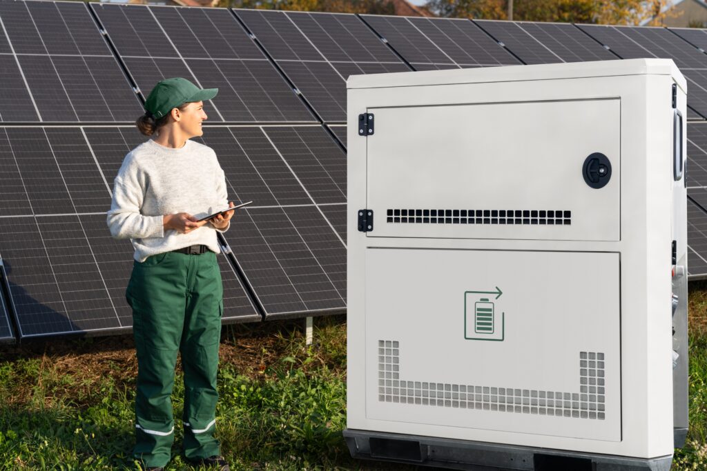 Žena vedľa solárnych panelov a fyzického úložiska